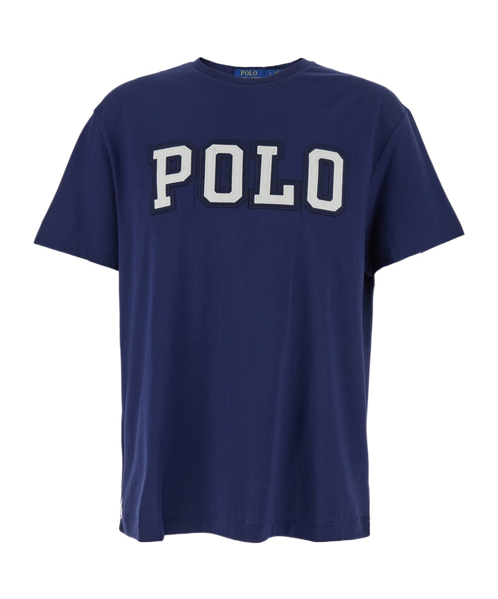 Polo Ralph Lauren Blue Crewneck T-shirt With Logo Lettering On The Fornt And Pony Embroidery On The Front