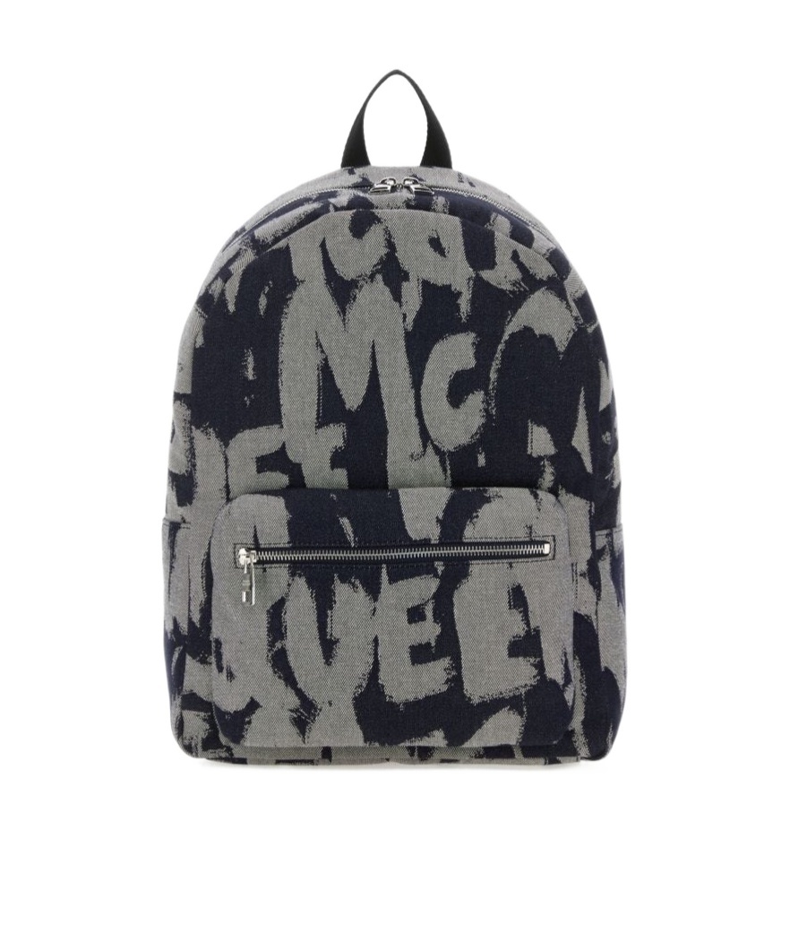 Alexander Mcqueen Jacquard Denim Metropolitan Backpack With Monogram Motif In Black