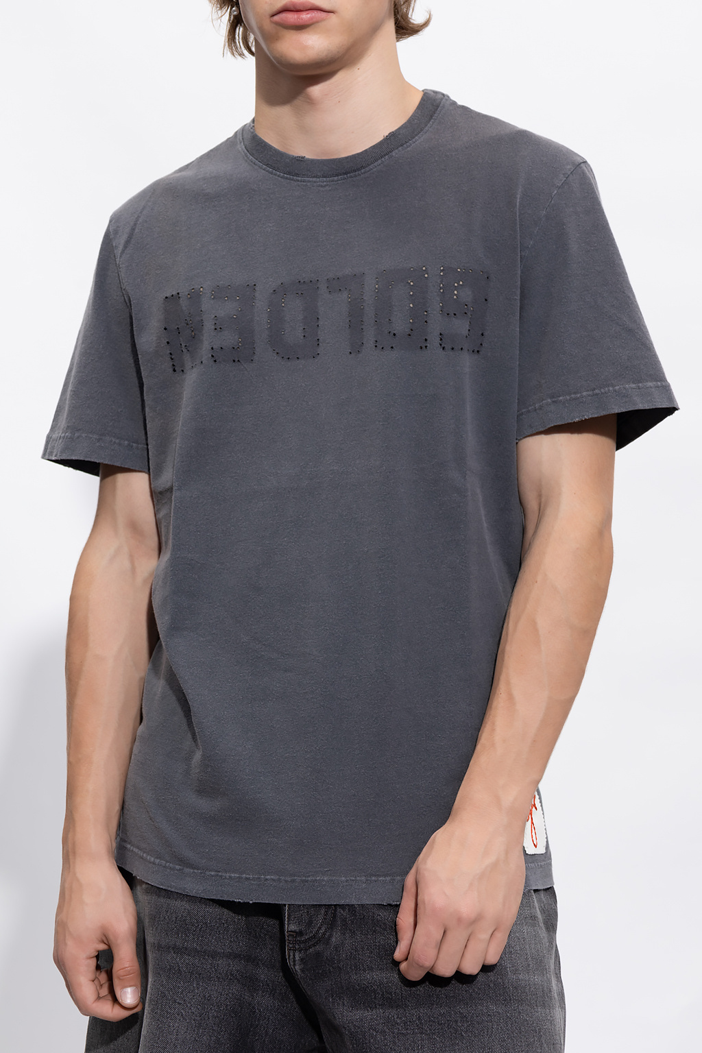 Golden Goose Green Crewneck T-shirt With Logo On The Front And Logo Patch On The Front In Gray