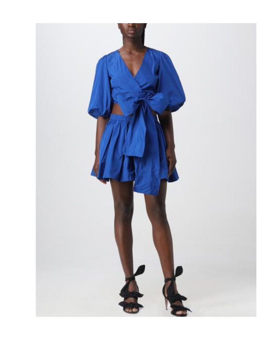 Red Valentino Taffeta Top With Puff Sleeves And Bow Detail In Blue