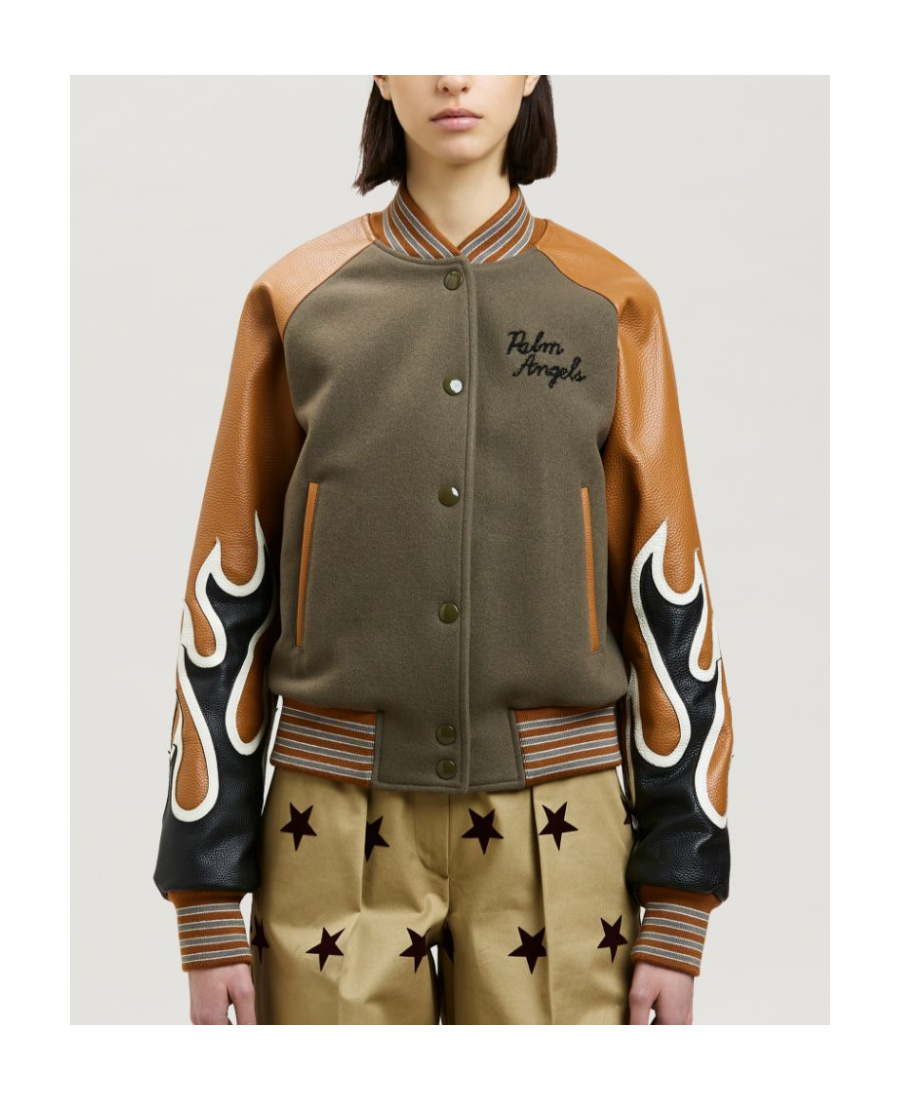 Palm Angels Burning Flames Leather Varsity Jacket In Brown