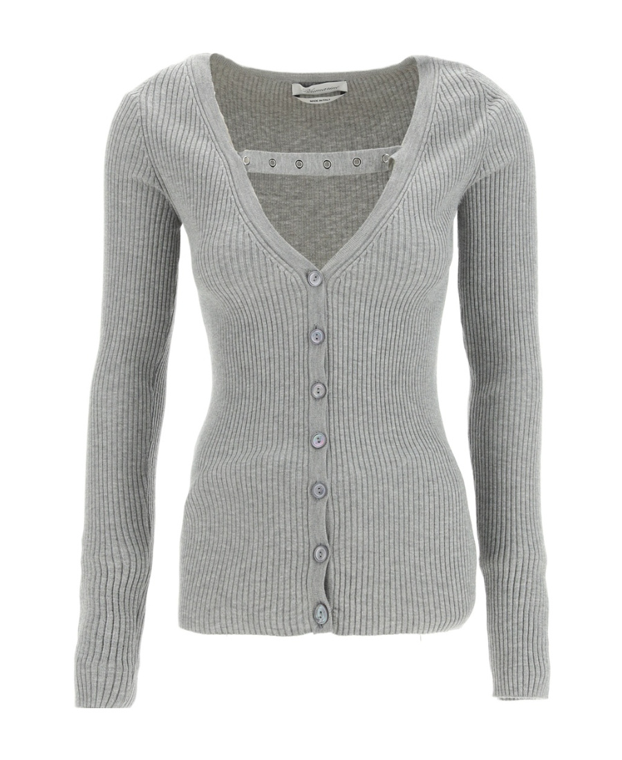 Blumarine Long-sleeved V-neck Knitted Sweater In Gray