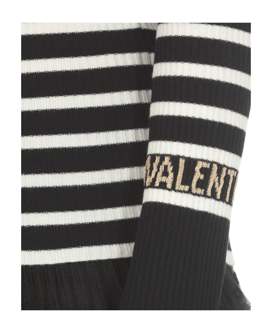 Red Valentino Round-neck Long-sleeved Striped Sweater In Black