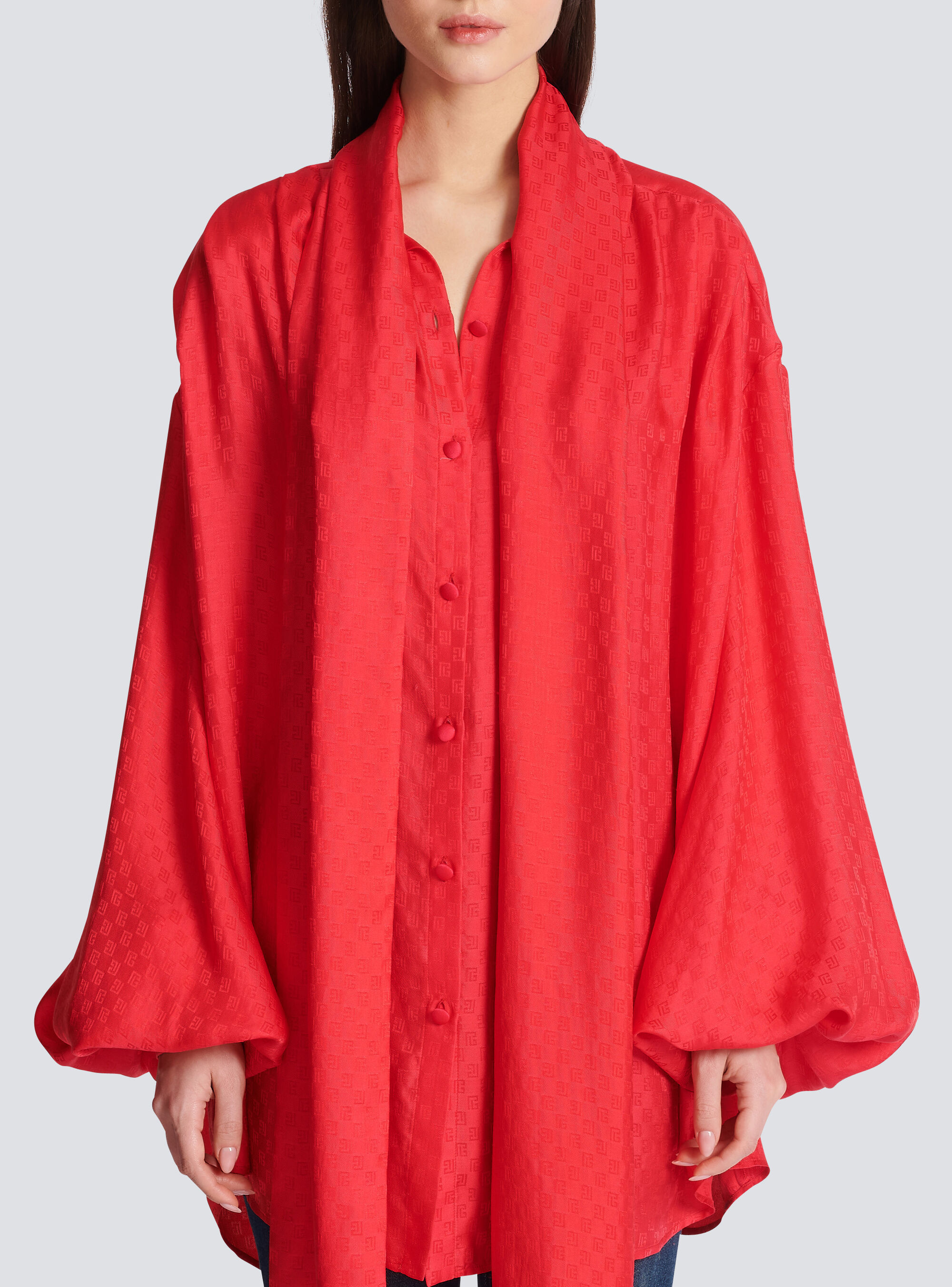 Balmain Monogram-jacquard Silk Shirt In Red