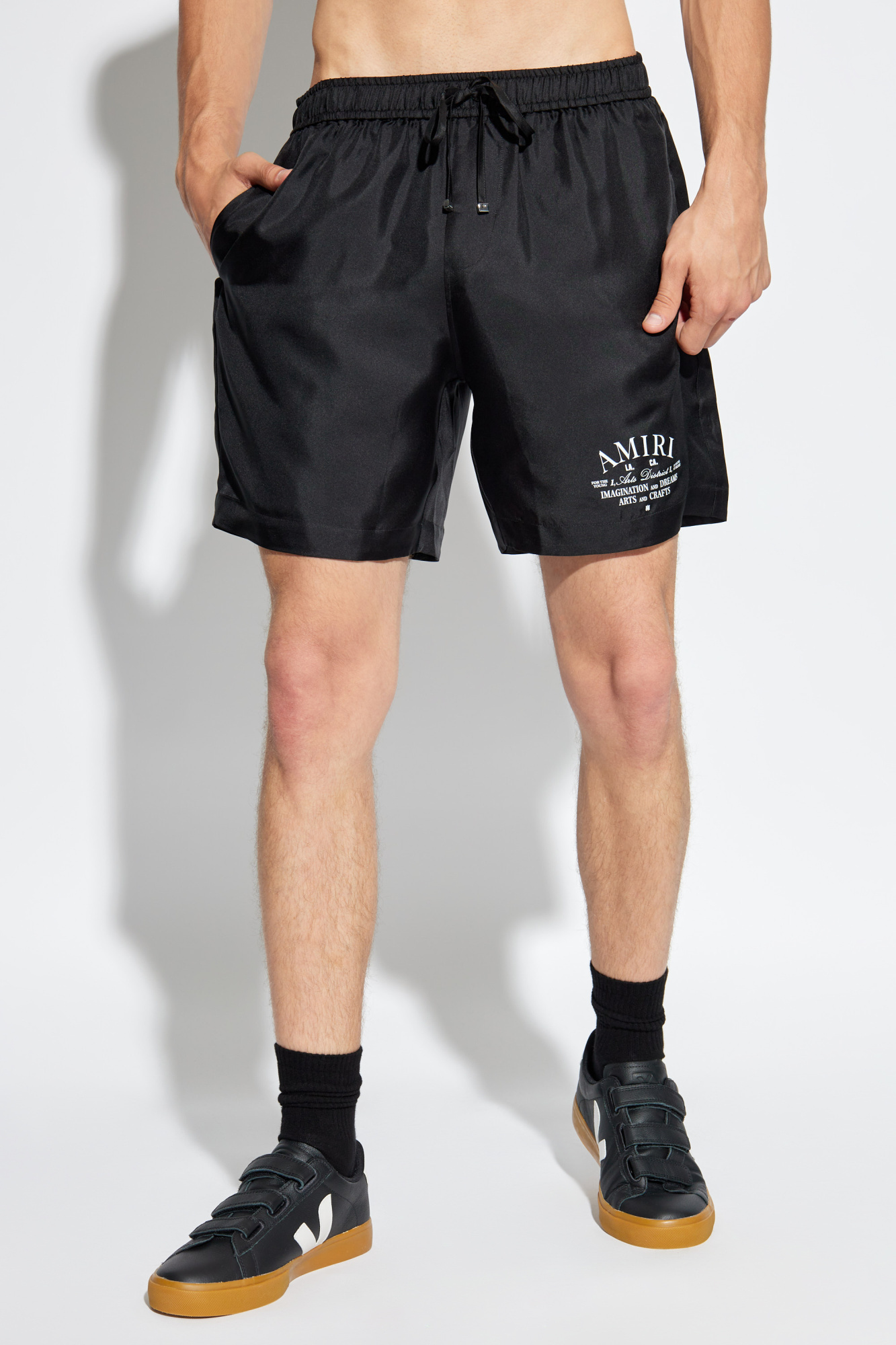 Amiri Mens Black Arts District Brand-print Silk Shorts