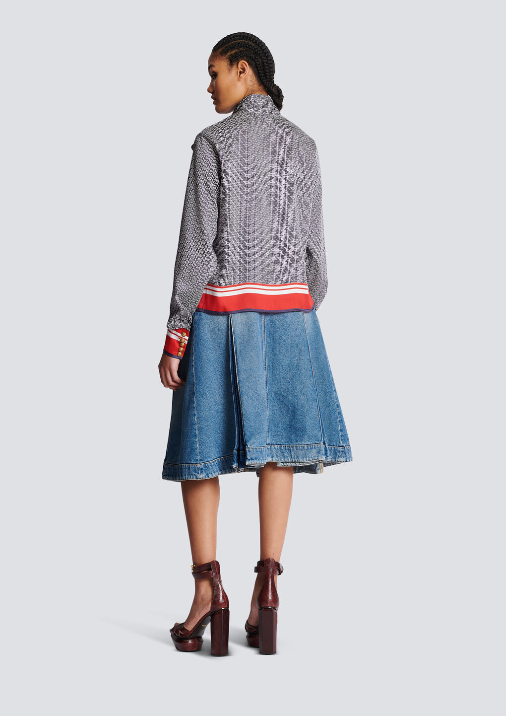 Balmain Pussy-bow Monogram-printed Shirt In Gray