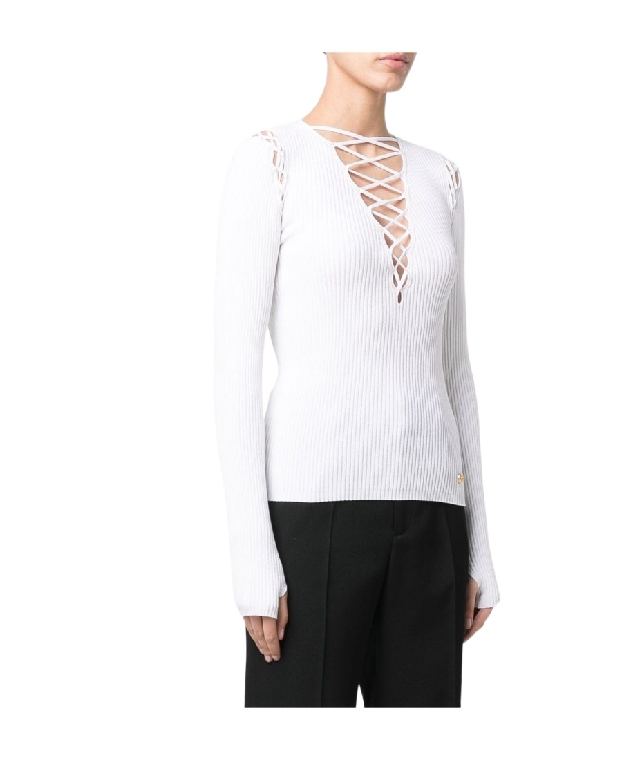 Balmain Lace-up Shoulder Detail Knit Top In White