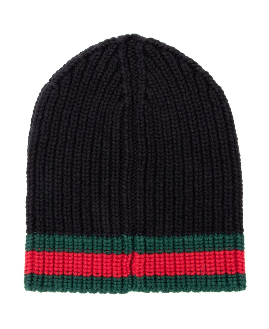 Gucci Ribbed Black Beanie With Striking Greenaccent