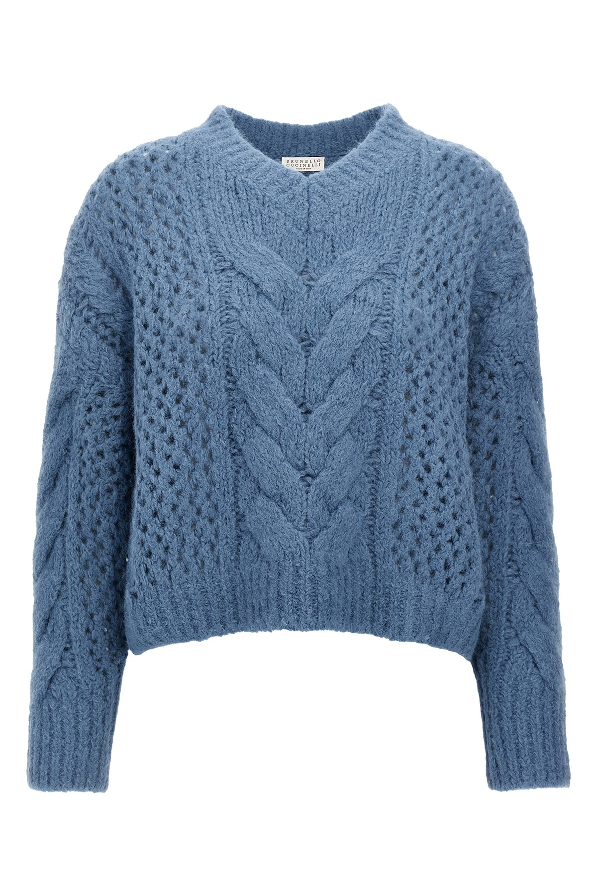 Brunello Cucinelli Alpaca-wool Irish Cable Knit V-neck Sweater In Blue