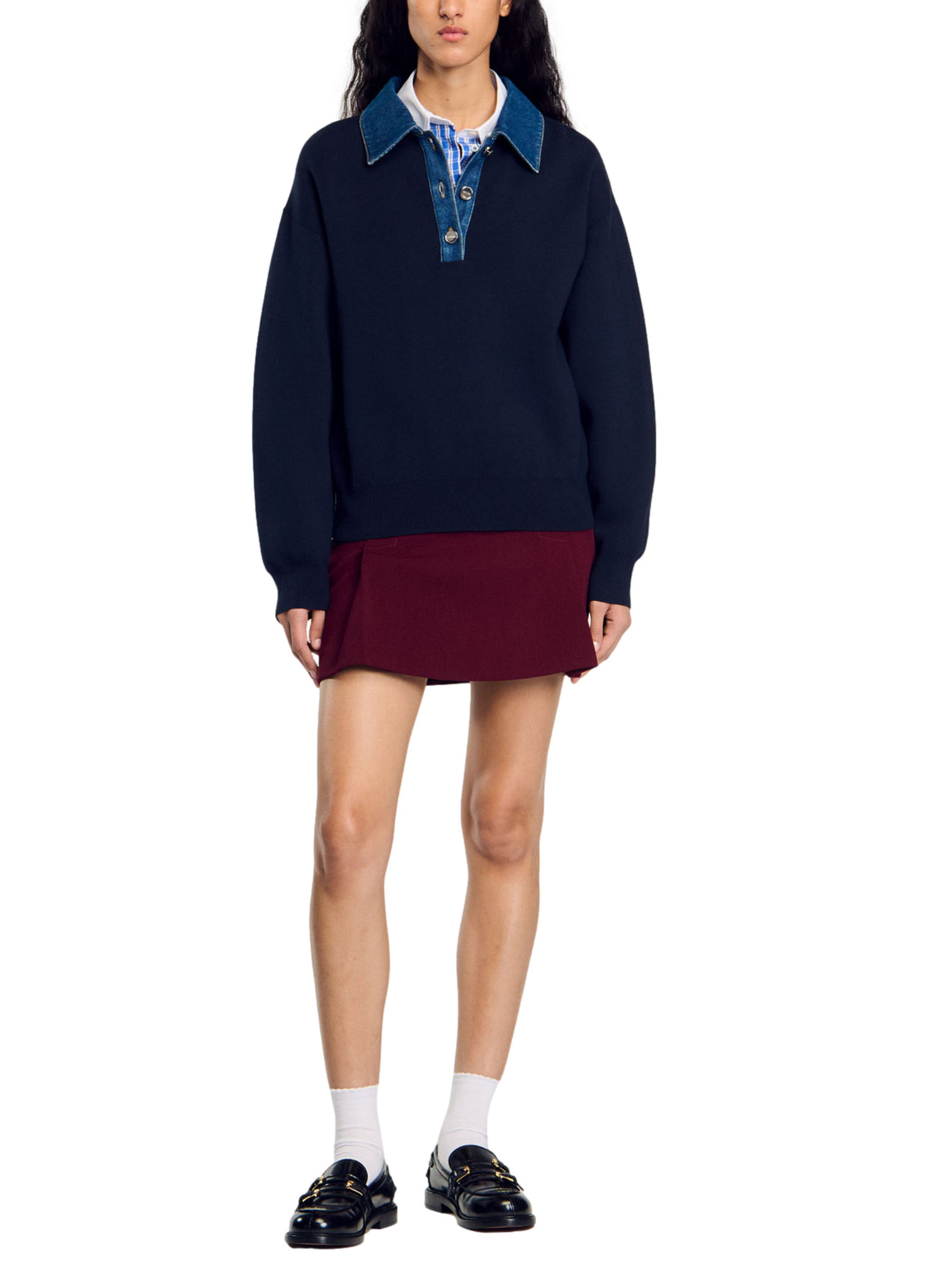 Shop Sandro Sweater With Denim Collar In Blue