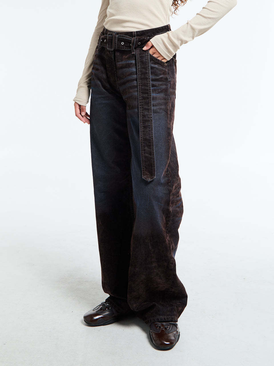 Acne Studios Page Flocked Belted Jeans In Black