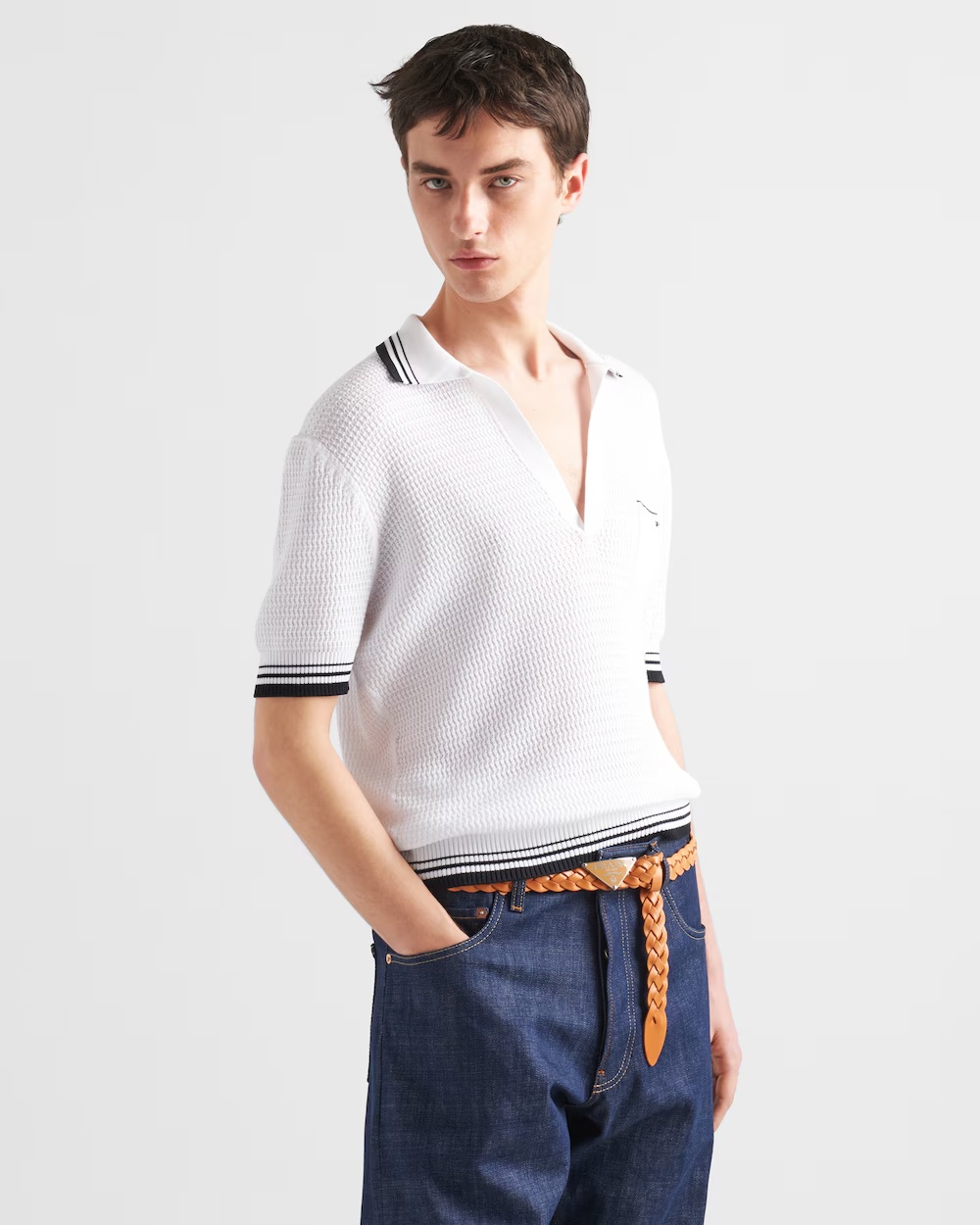 Prada Logo-intarsia Polo Top In White