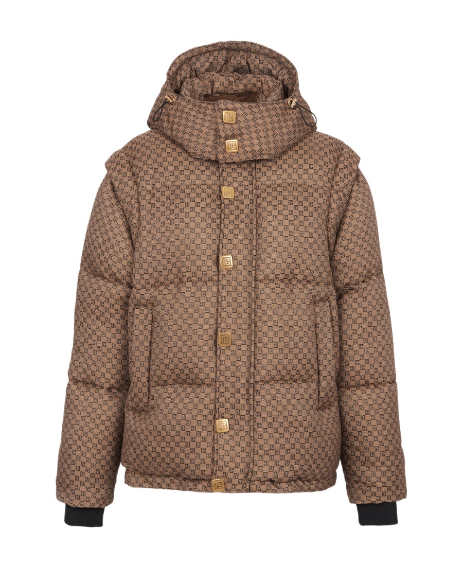Shop Balmain Mini Monogrammed Down Jacket In Brown