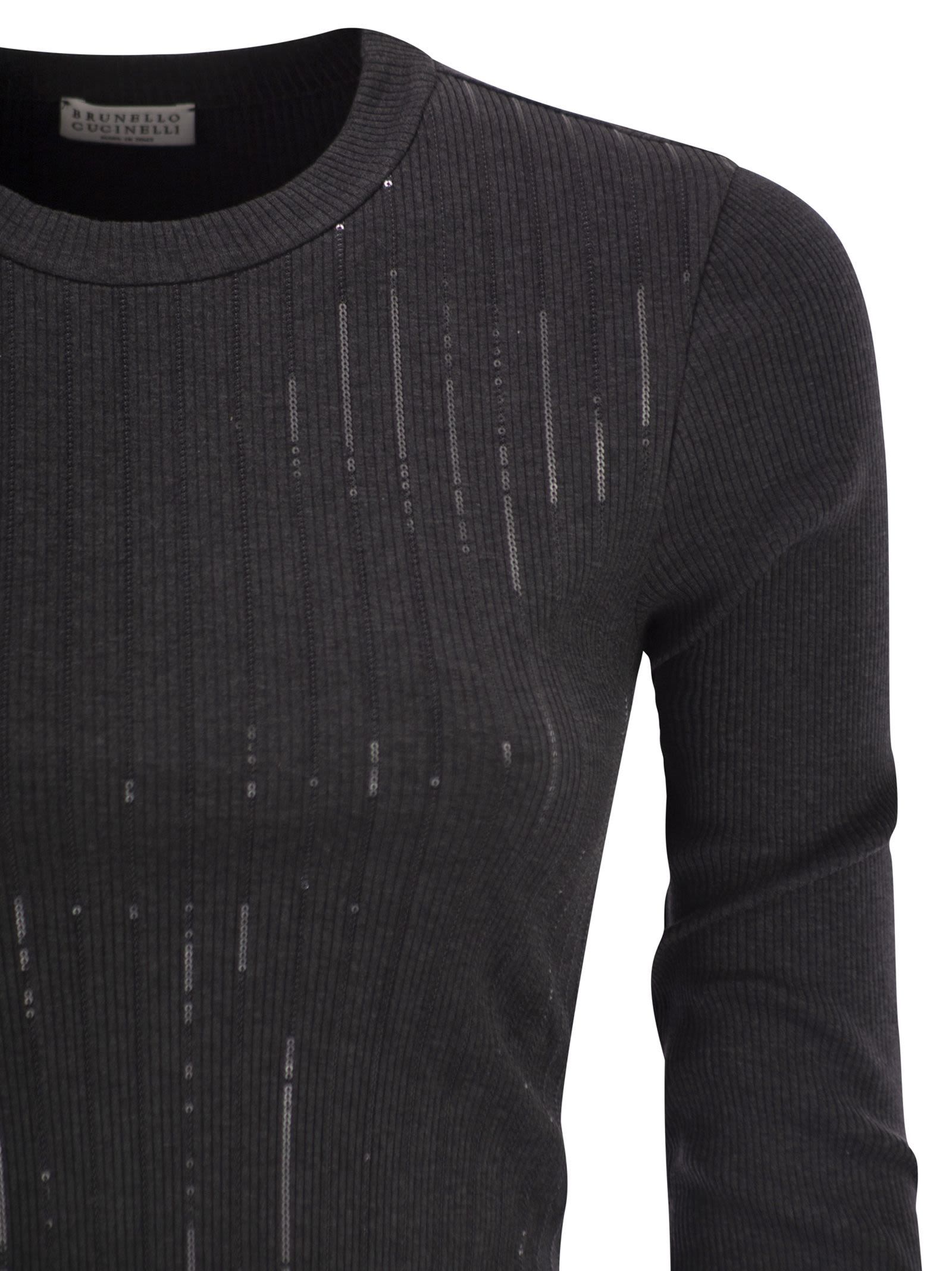 Brunello Cucinelli Cotton Jersey T-shirt With Dazzling Chalk Stripe Embroidery In Black