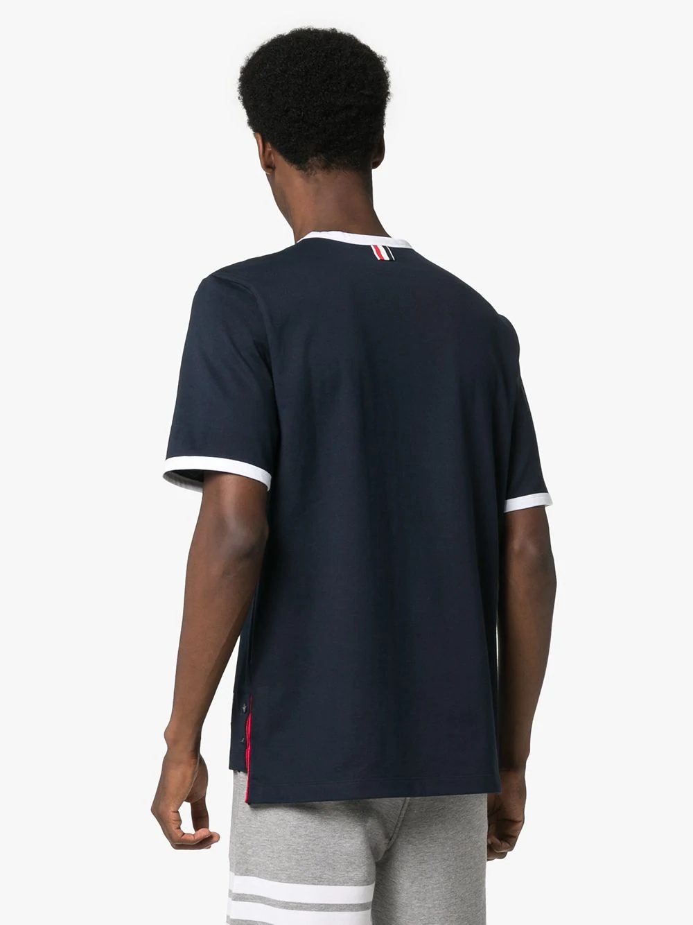 Thom Browne Mens Navy Ringer Brand-patch Stretch-wool T-shirt In Black
