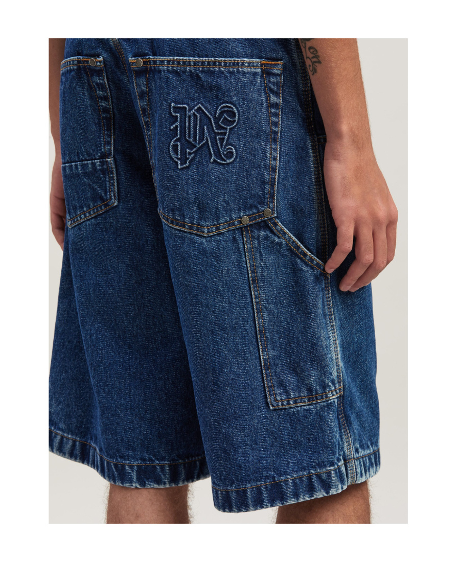 Palm Angels Monogram-embroidered Denim Shorts In Blue