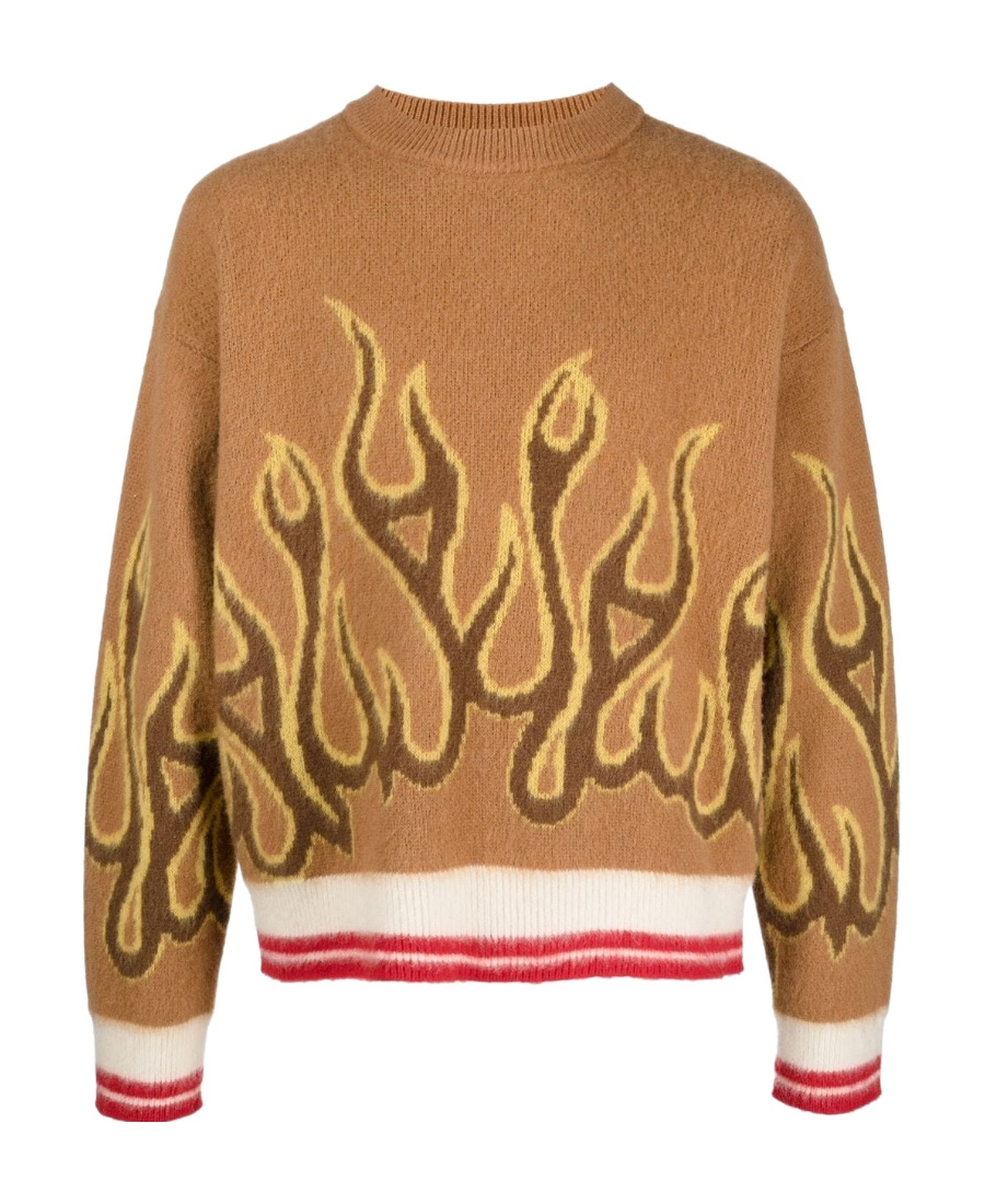 Palm Angels Striped Intarsia Virgin Wool Sweater In Brown