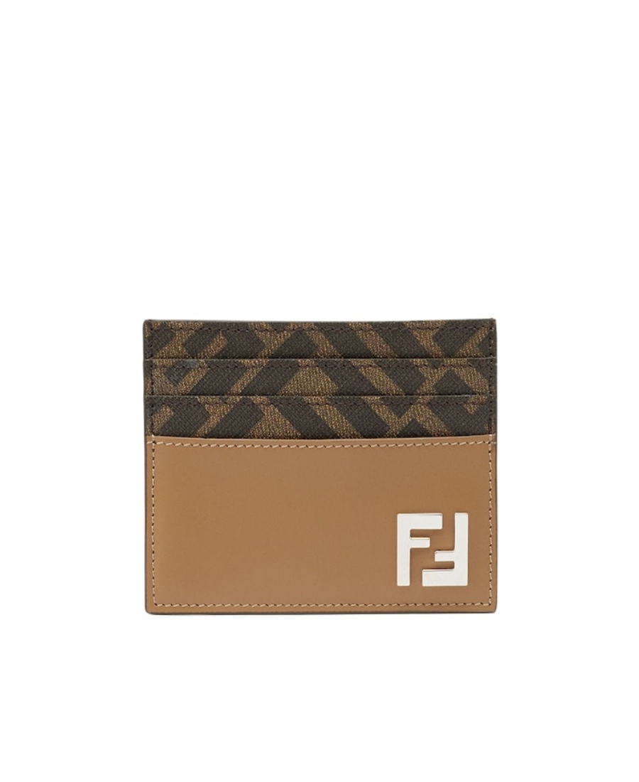 Fendi Squared Leather Card Holder With Ff Fabric Accents In Brown