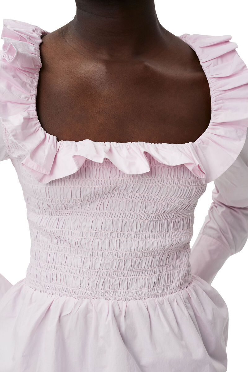 Shop Ganni Cotton Poplin Open-neck Smock Blouse In Pink
