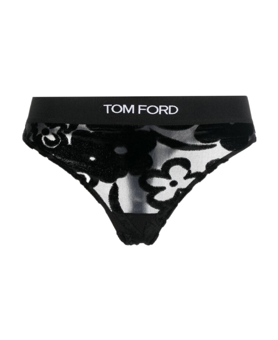 Tom Ford Floral-print Logo-waist Thong In Black
