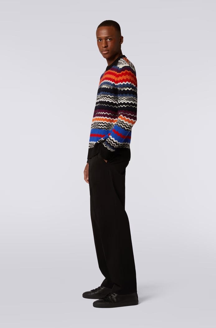 Missoni Crew-neck Sweater With Multicolor Herringbone Motif In Black