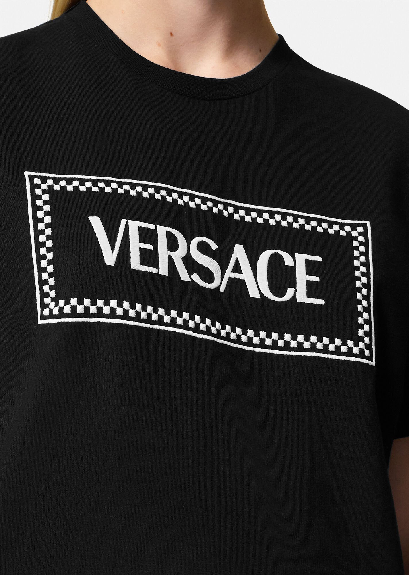Shop Versace Logo-embroidered Cotton T-shirt In Black