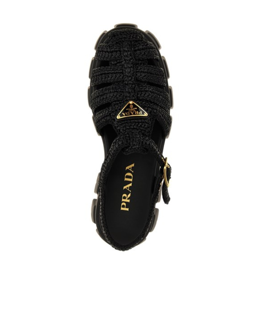 Prada Womens Black Monolith Logo-plaque Chunky-sole Caged Crochet Sandals In Black
