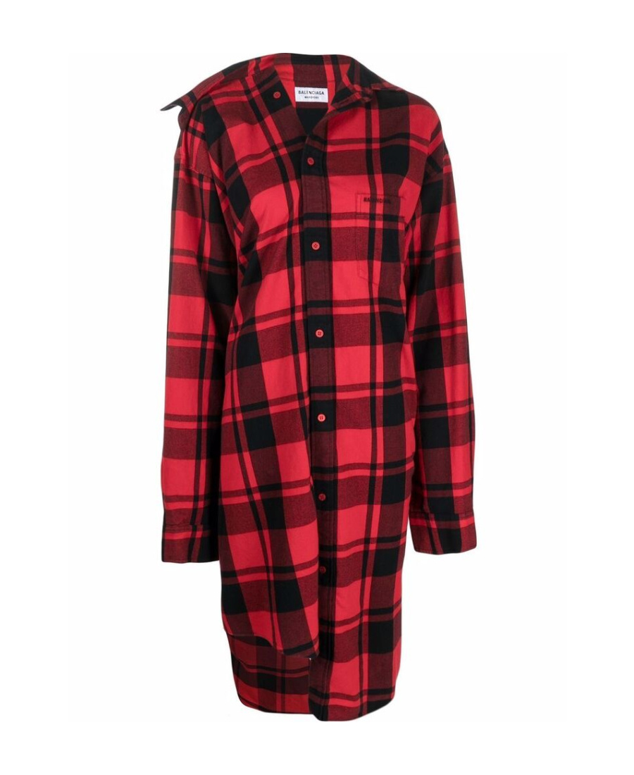 Shop Balenciaga Check Buttoned Midi Shirt Dress In Red