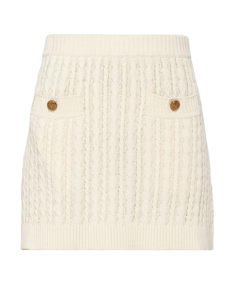Prada Mini Skirt With Elastic Waist And Decorative Buttons In Ivory