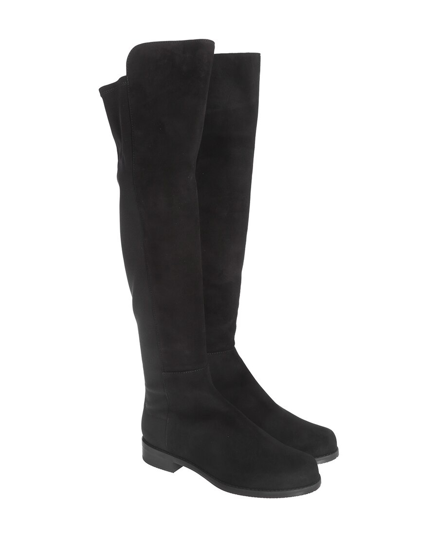 Stuart Weitzman Suede And Fabric Knee-high Block Heel Boots In Black