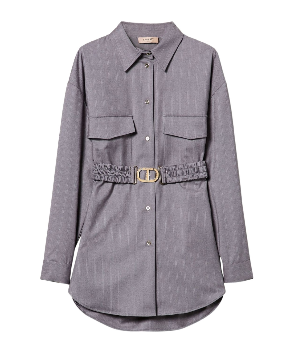 Twinset Pinstripe-print Belted Shirt In Gray