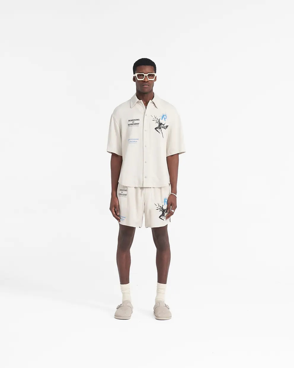Represent Icarus Ss Shirt Off White Lyocell Shirt With Icarus Graphic Print And Logo - Icarus Short Sleeve Shi In White