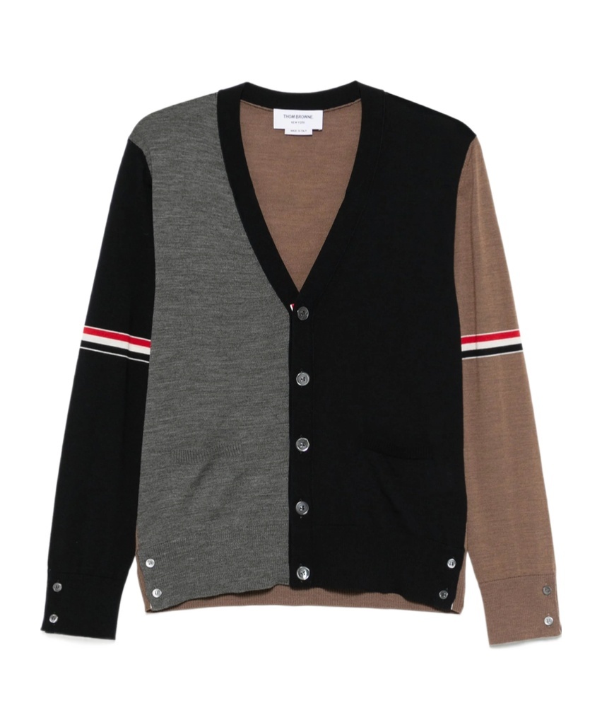 Thom Browne Navy/grey/brown Wool Cardigan In Black