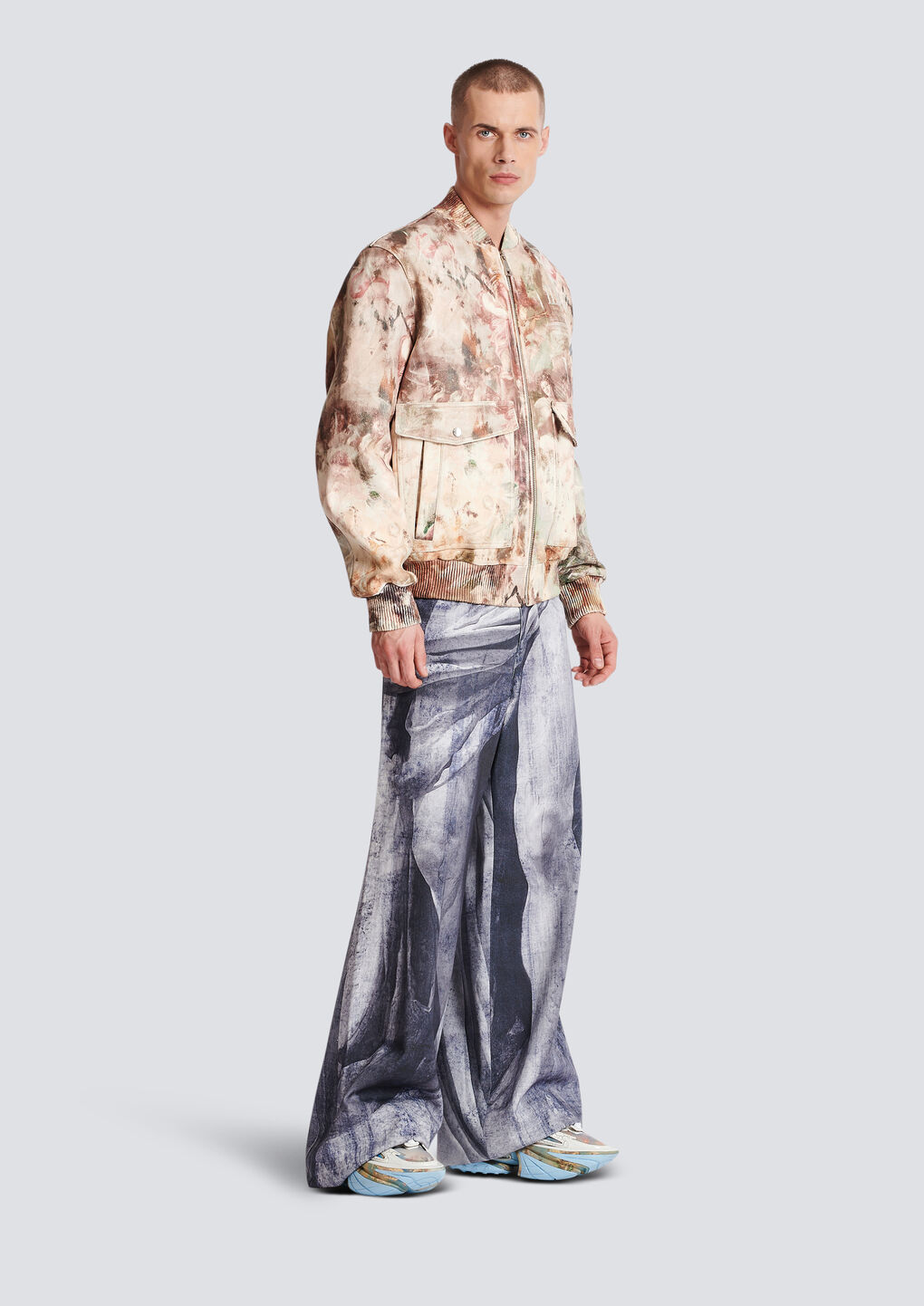 Balmain Painting-print Leather Bomber Jacket In Nude