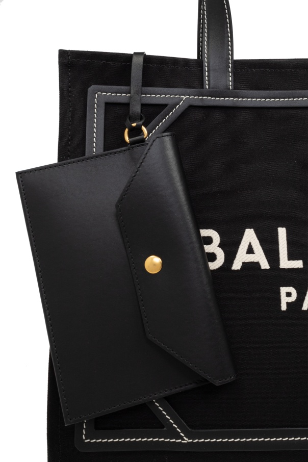 Balmain B-army Medium Shopper In Black And White Canvas And Leather In Black