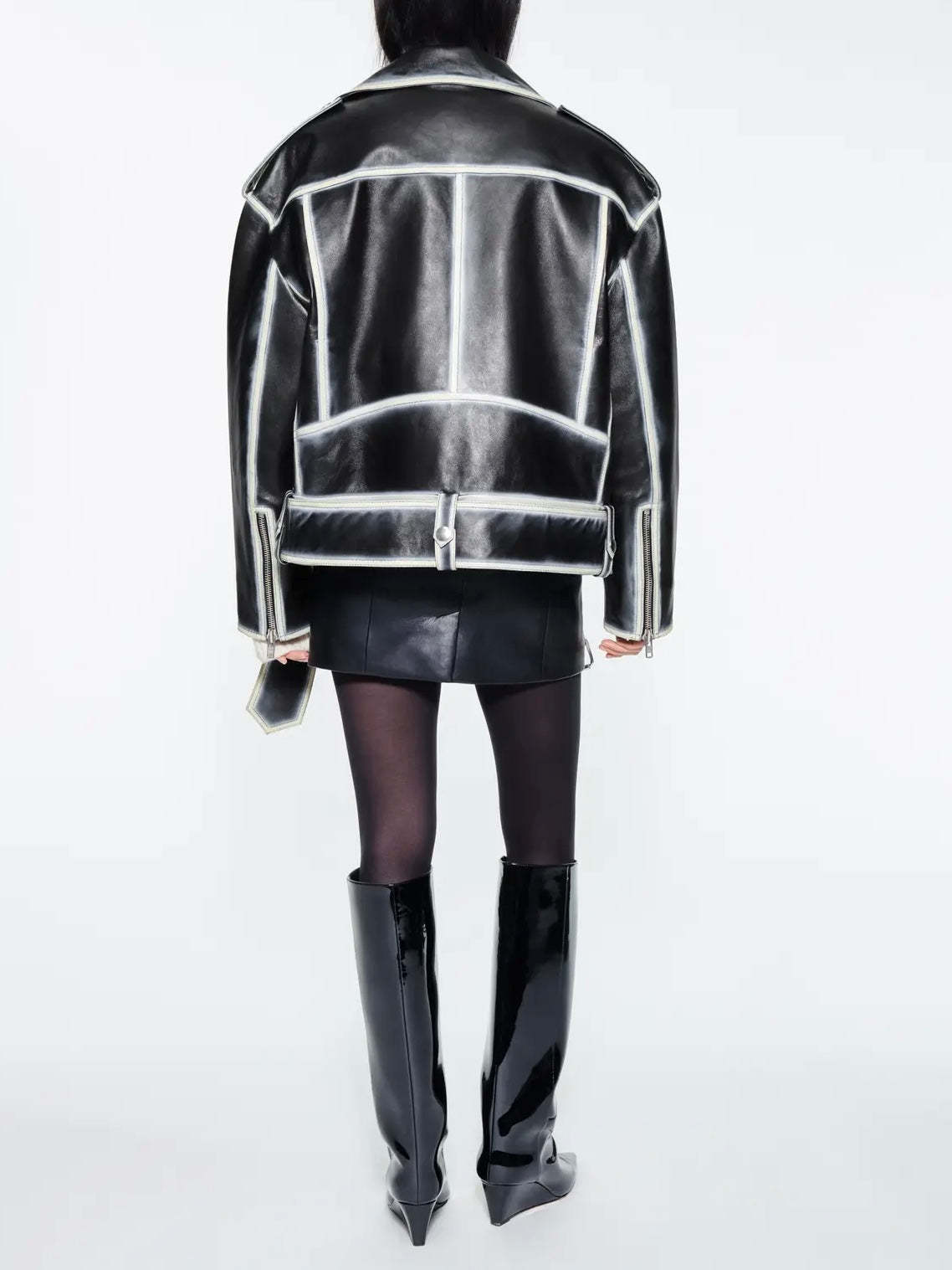 Stand Studio Lapel Long-sleeved Leather Jacket In Black