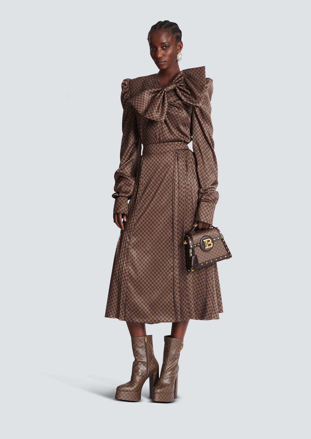 Balmain Monogram-print Pleated Midi Skirt In Brown