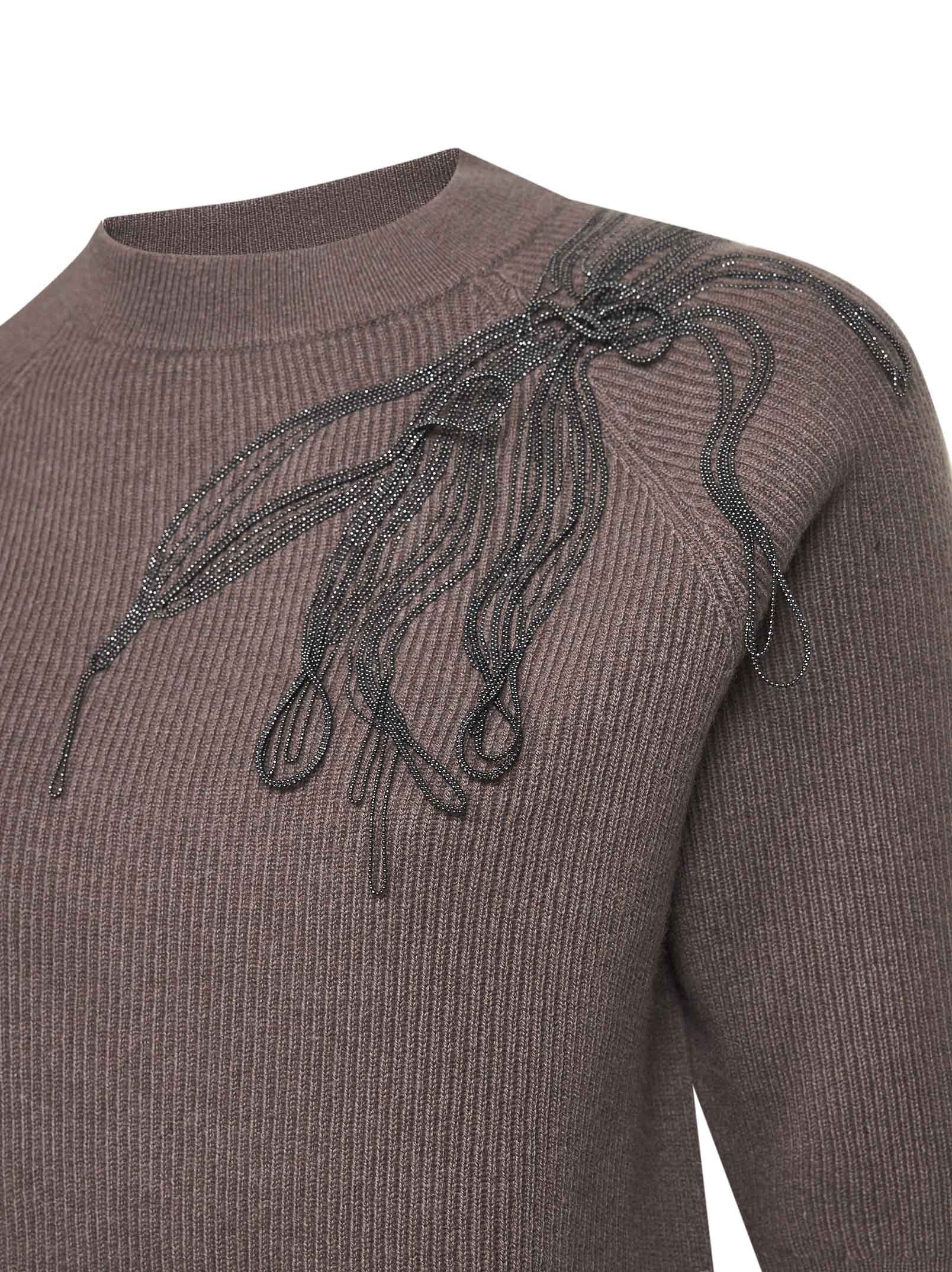 Brunello Cucinelli Women Brown Cashmere Shiny Flower Embroidery Sweater In Multi