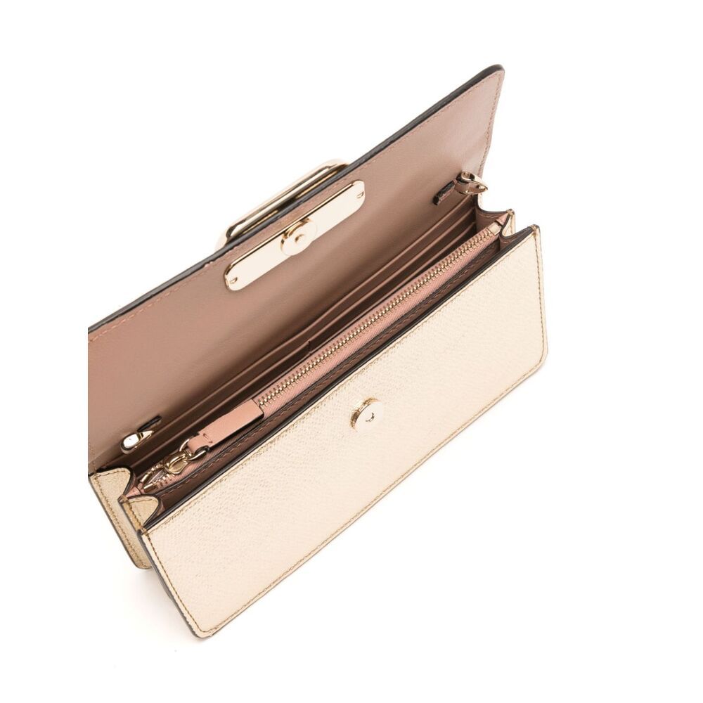 Valentino Vlogo Signature Metallic Leather Wallet On Chain In Nude