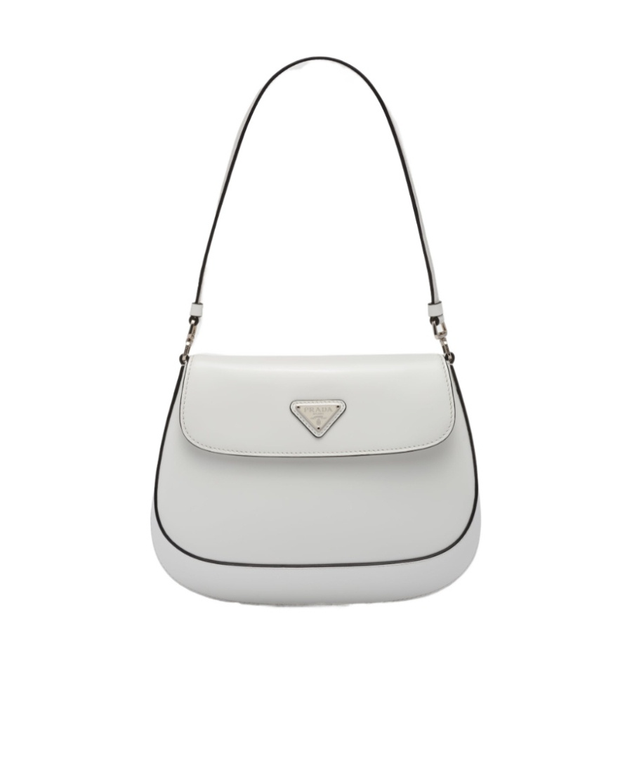 Prada Cleo Brushed Leather Shoulder Bag With Flap In White