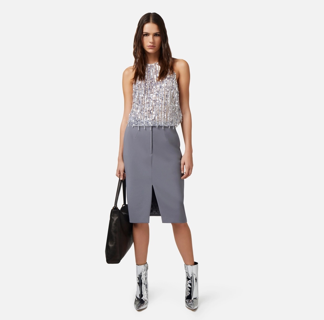 Elisabetta Franchi Sequined Halter Top With Fringe Detail And Silhouette In Gray