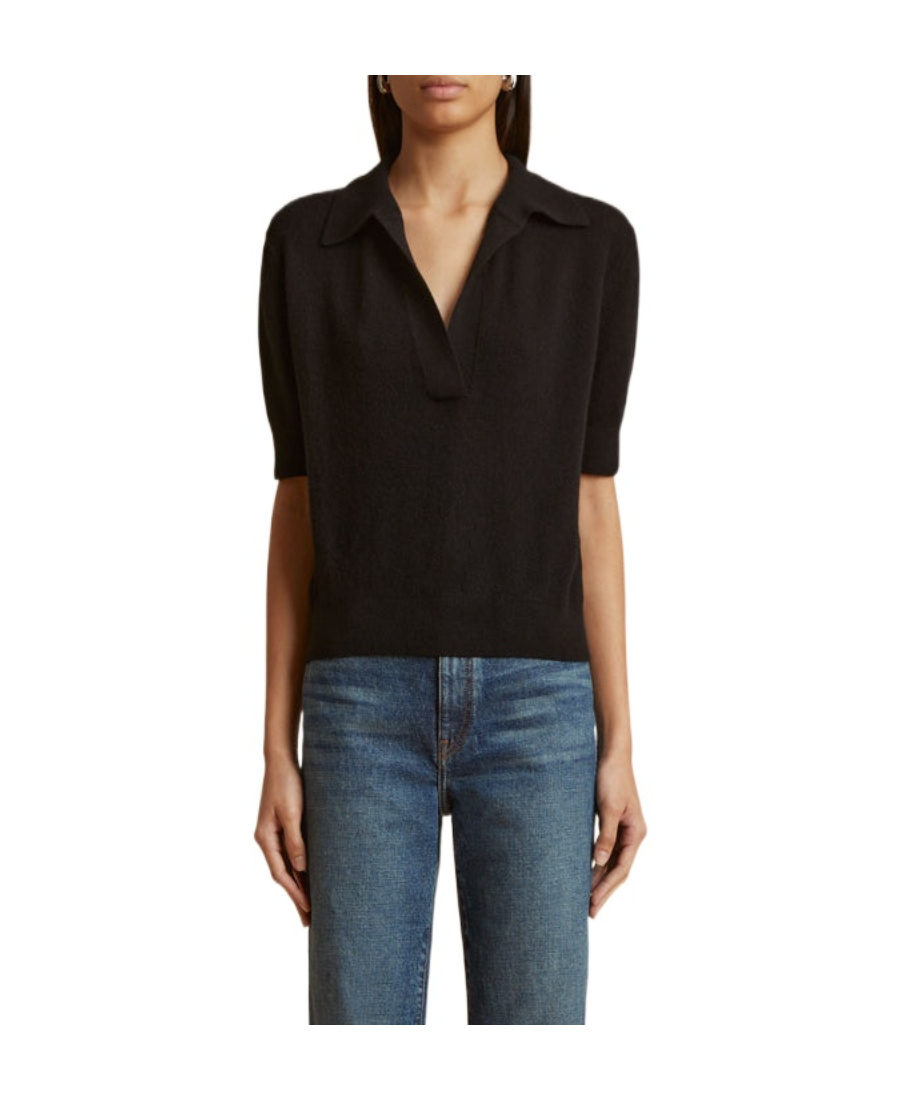 Khaite Shrunked Jo Cashmere-blend Polo Sweater In Black