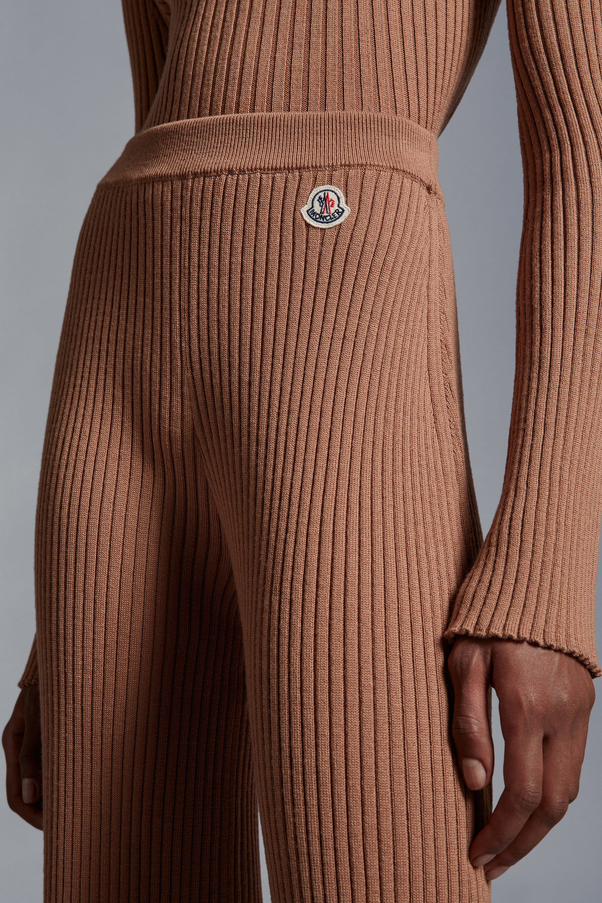 Moncler Logo-patch Ribbed-knit Trousers In Brown