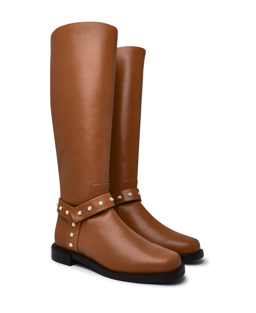 Stuart Weitzman Leather Pearl Moto Boots In Brown
