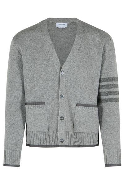Thom Browne Grey Cardigan With V Neck And Striped Detail On The Sleeve In Wool Man In Gray