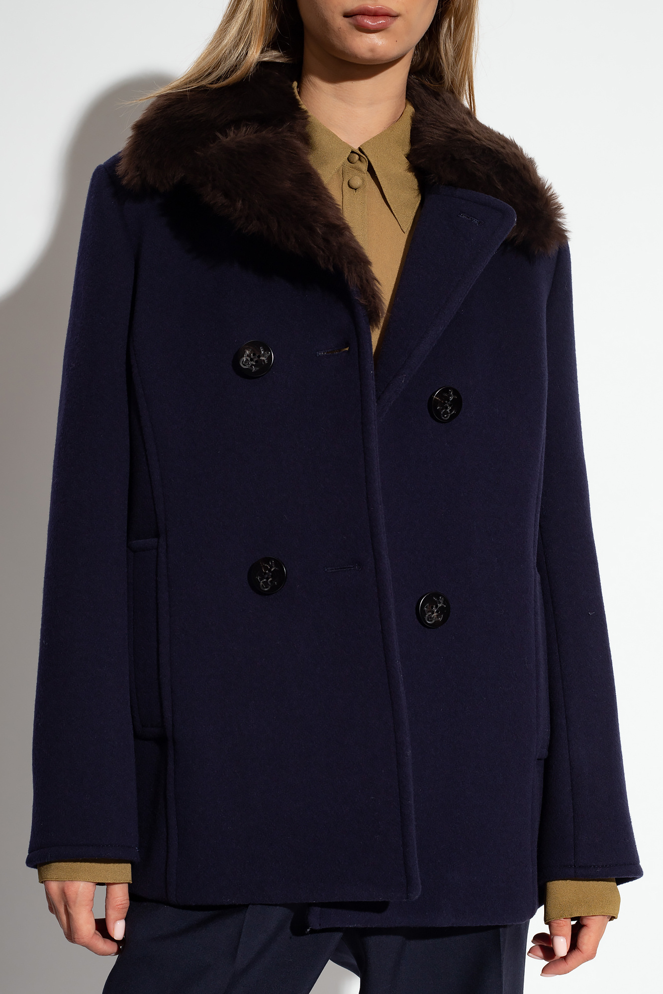 Tory Burch Notched-lapels Shearling Jacket In Blue