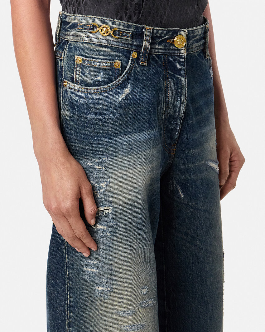 Versace Distressed Patchwork High-rise Wide-leg Jeans In Blue