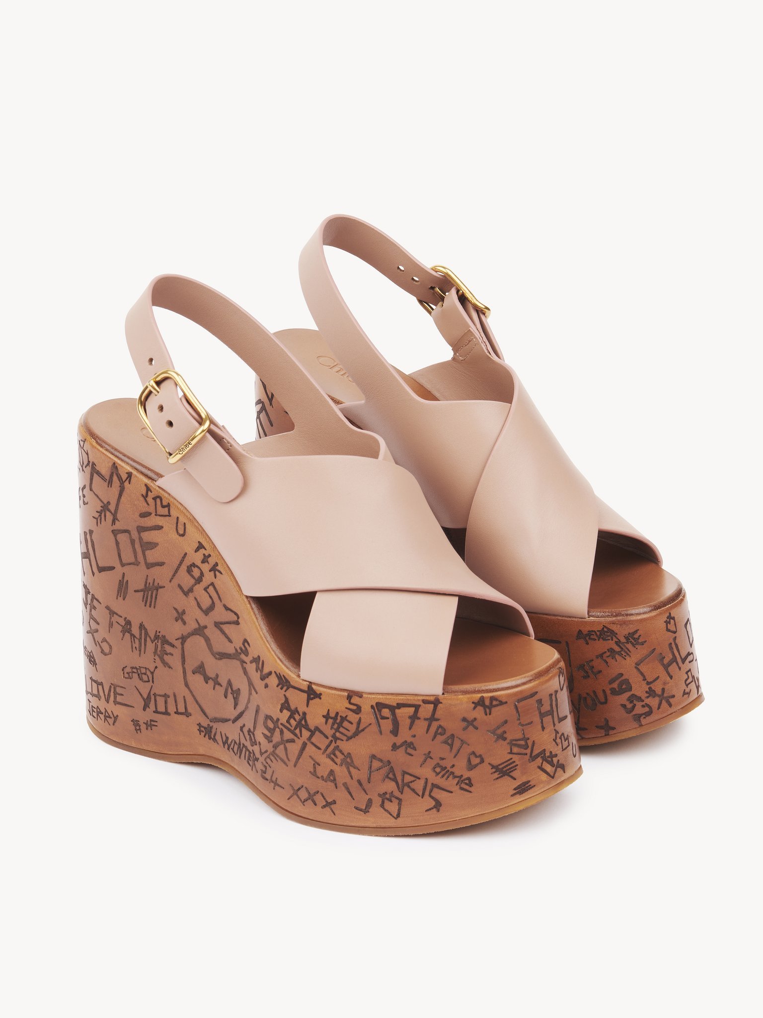 Chloé Maxime Leather Crisscross Platform Wedges In Gold
