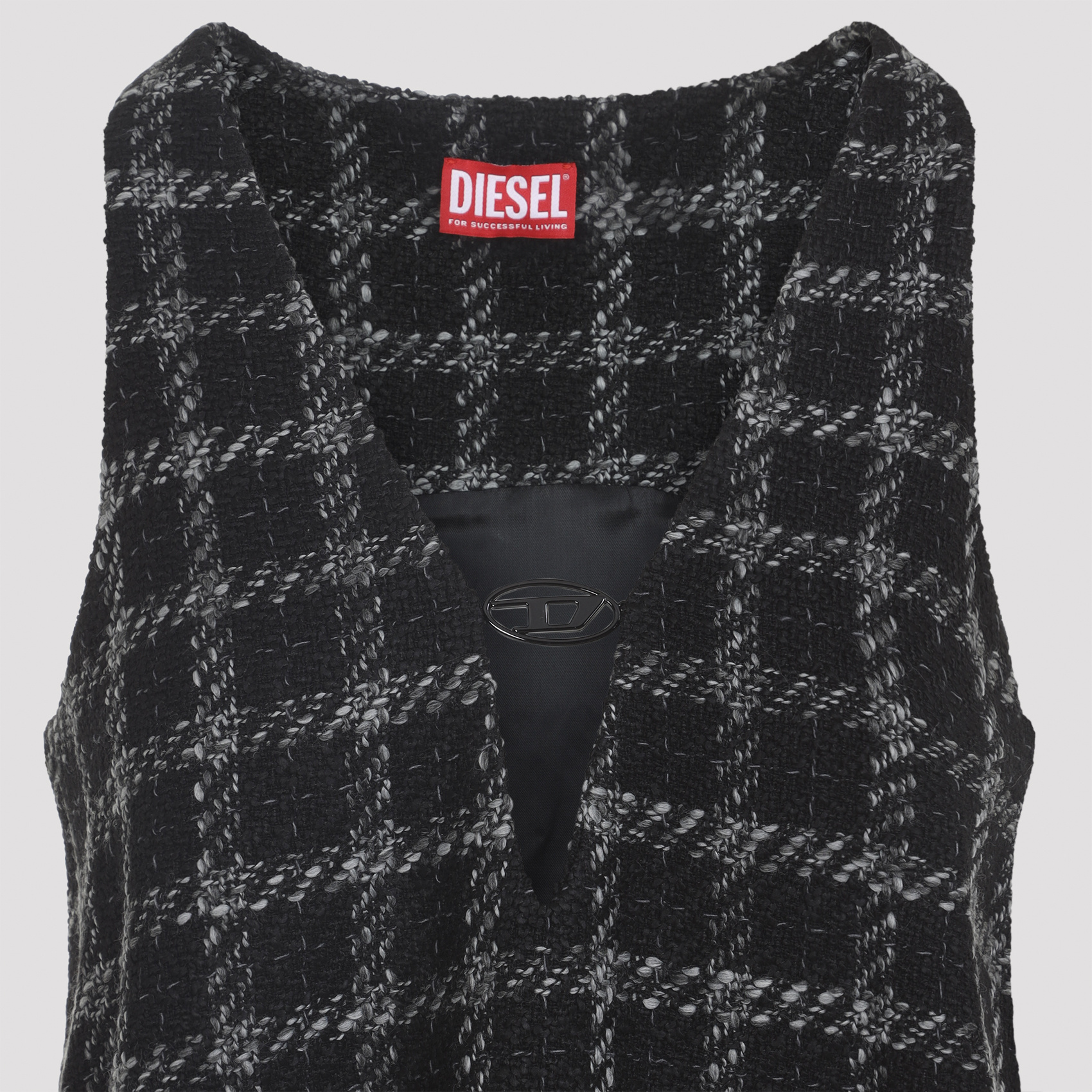 Diesel Mini Dress Checked Pattern Sleeveless V-neckline In Black