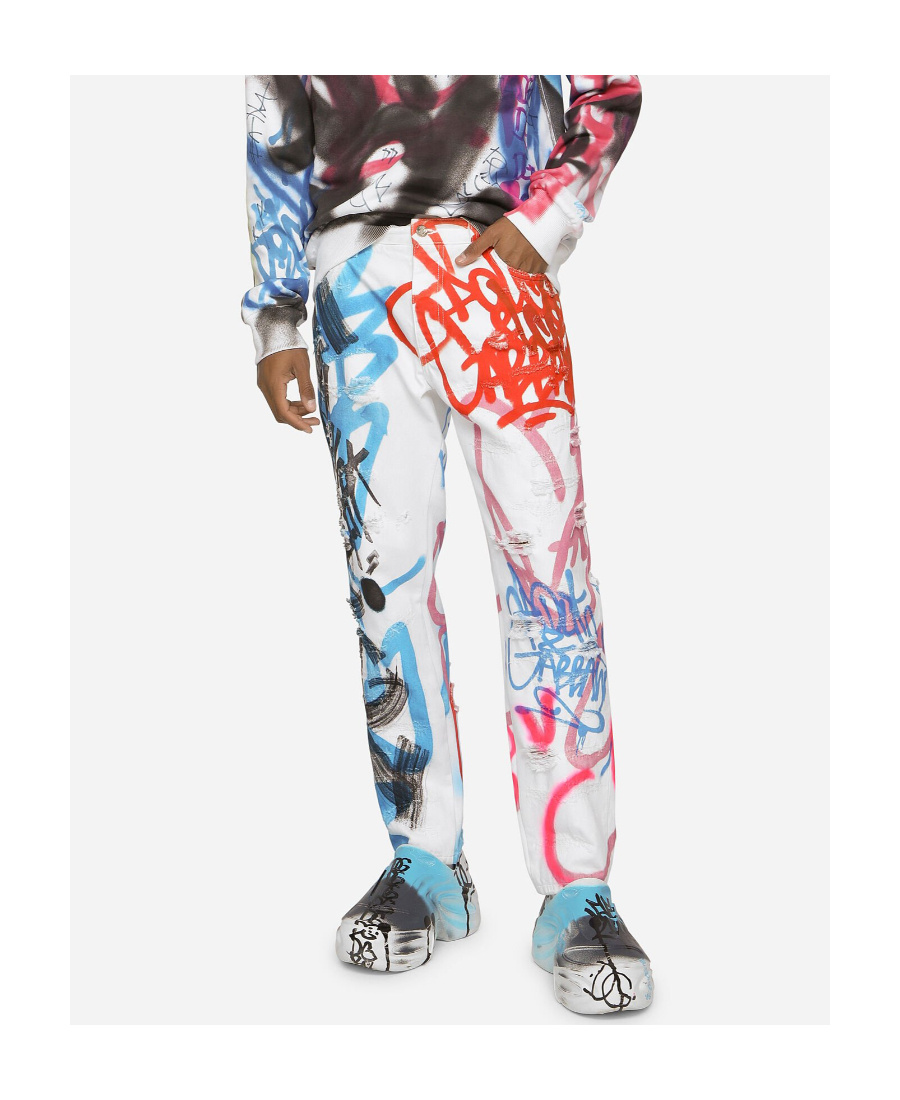 Dolce & Gabbana Spray-paint Graffiti Print Loose Jeans In White
